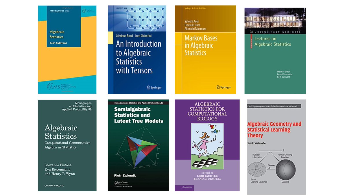 FrnkNlsn's tweet photo. Some selected books on Algebraic Statistics, a field
which considers computational algebra, algebraic geometry, and combinatorics among others to tackle problems in statistics.

Links to books web page: https://t.co/zXELEi8E4W https://t.co/t9ovjIeCna