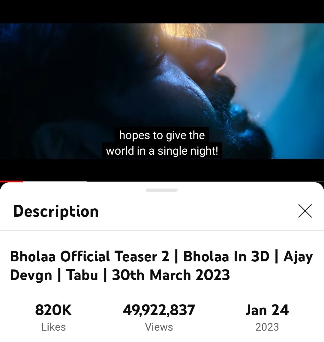 #BholaaTeaser2, it needs around 78k views to achieve 50M organic views ❤ stands with 820k likes👌