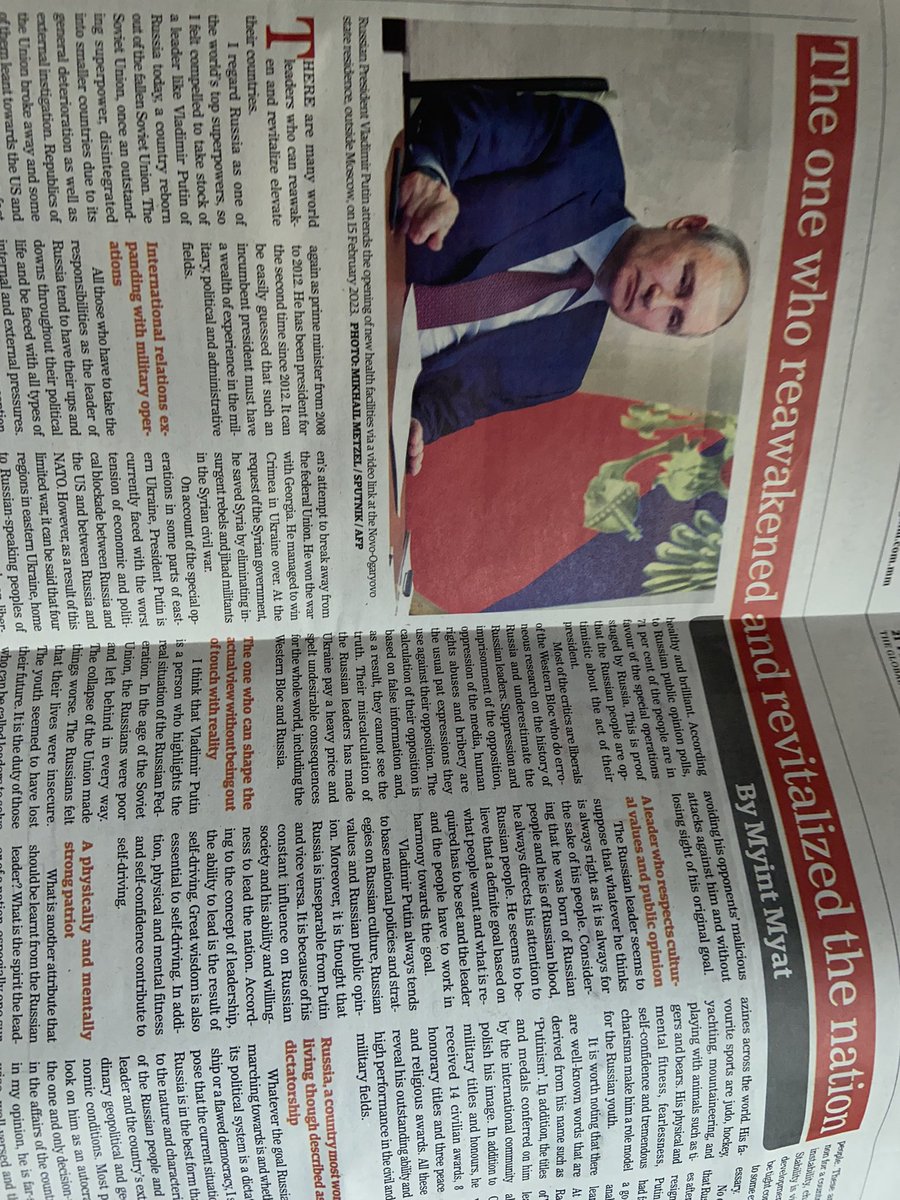 SabatucciEU's tweet photo. #GNLM allucinating portrait of the leader responsible for the invasion on #Ukraine and the butchering of many thousands of innocent civilians. “A leader who respects public opinion” “#russia Country most worth living” “international relations expanding with military operations” 1 https://t.co/1WCfw3uWNk