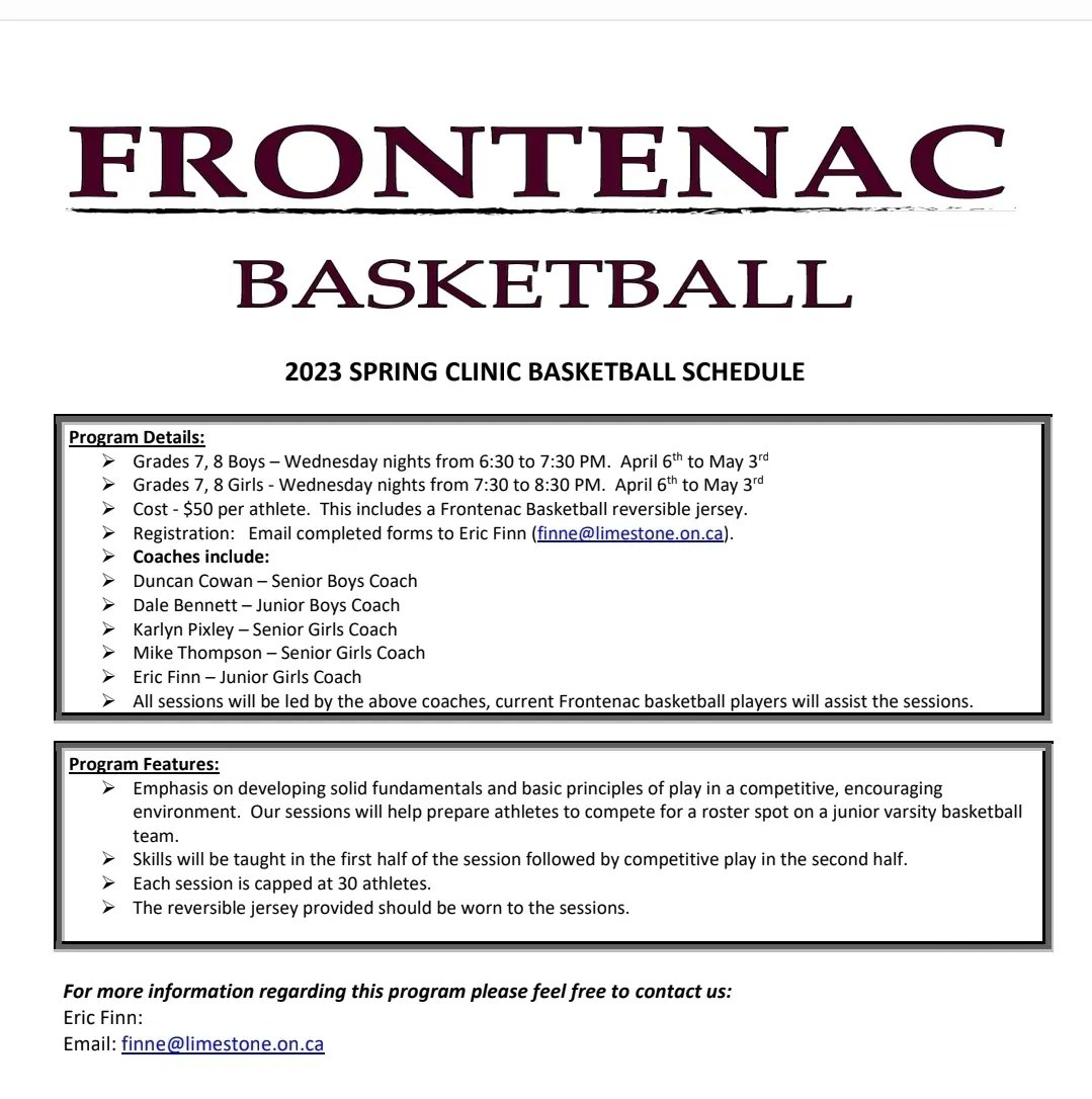 FSSprops's tweet photo. 🏀 Spring Clinics are back!! The first night is Wednesday, April 5th. Cost is $50 for five sessions and all participants get a Frontenac Basketball reversible jersey. Open to boys and girls in grades 7 &amp; 8. Sessions will balance skill development and competitive play. https://t.co/XZsAe5mgOc
