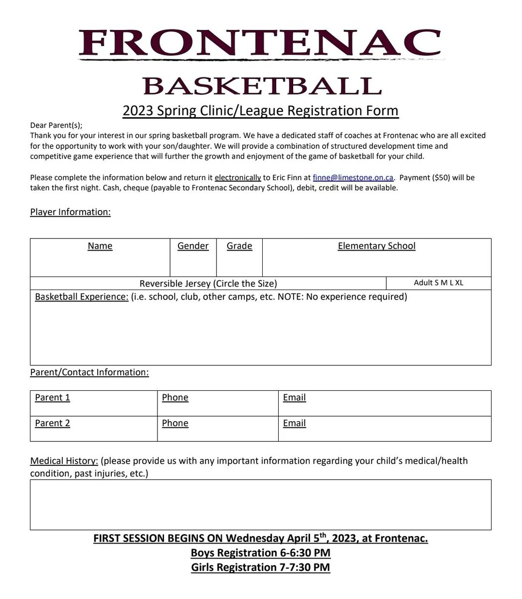 FSSprops's tweet photo. 🏀 Spring Clinics are back!! The first night is Wednesday, April 5th. Cost is $50 for five sessions and all participants get a Frontenac Basketball reversible jersey. Open to boys and girls in grades 7 &amp; 8. Sessions will balance skill development and competitive play. https://t.co/XZsAe5mgOc