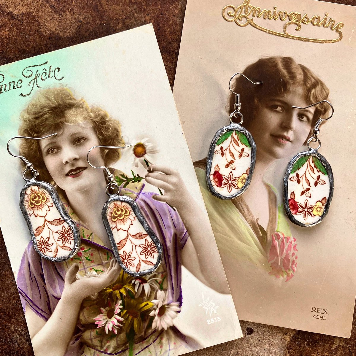 𝐍𝐞𝐰 𝐜𝐞𝐫𝐚𝐦𝐢𝐜 𝐞𝐚𝐫𝐫𝐢𝐧𝐠𝐬!  See more about these beauties at etsy.com/shop/LedbellyV… 

#ceramicearrings #ceramicjewelry #handmadejewelry #vintageearrings #porcelainearrings #transformedjewelry #ceramicart #antiquejewelry #etsy #etsyshop