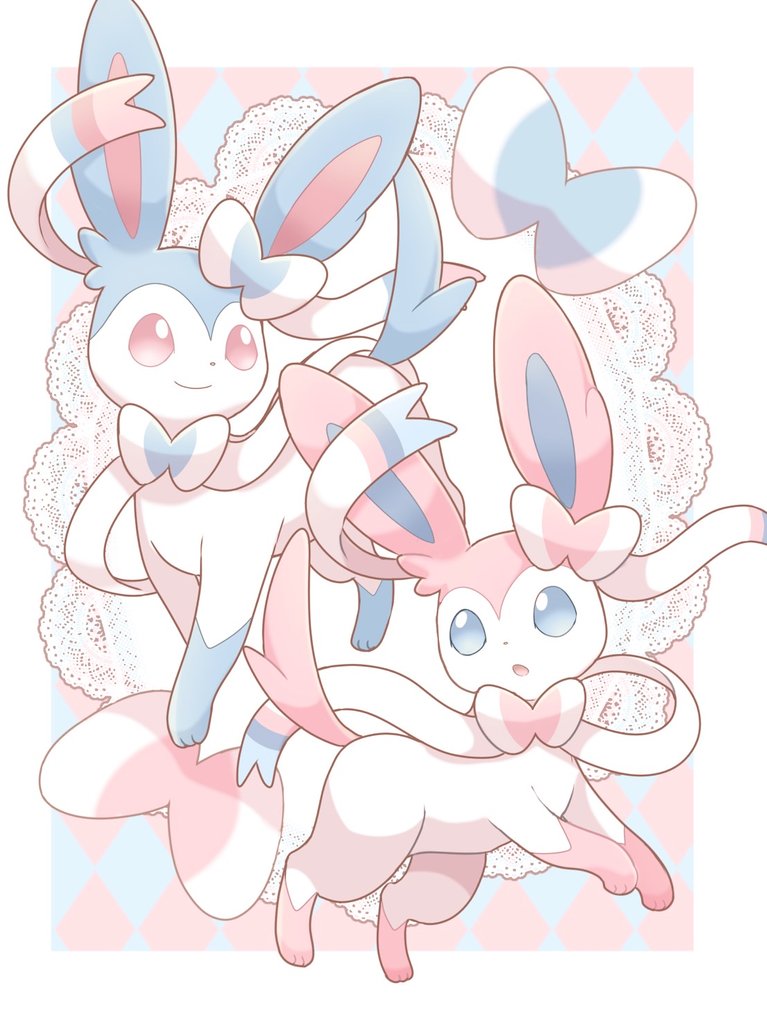 sylveon pokemon (creature) no humans smile closed mouth blue eyes white border open mouth  illustration images