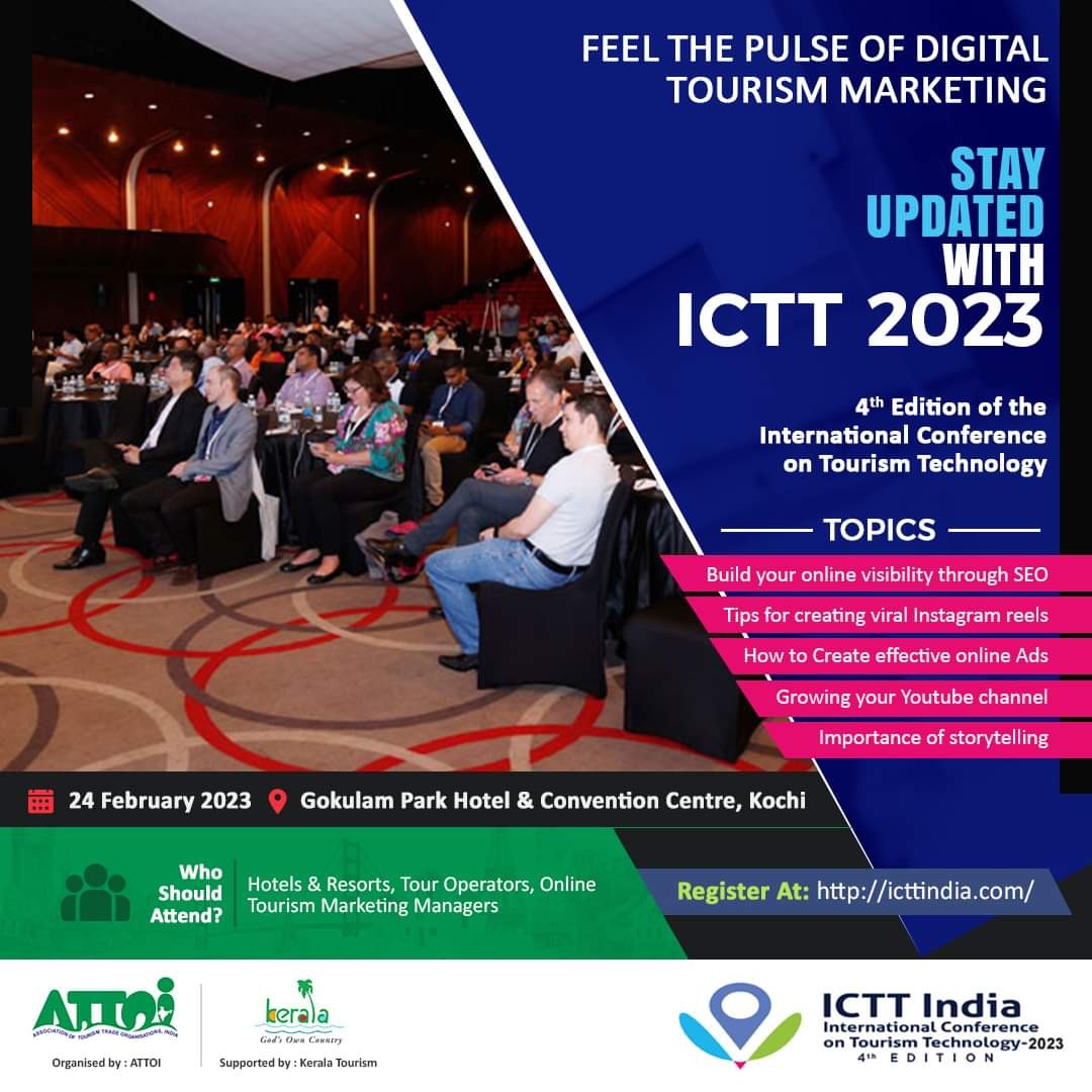 TourwShailesh's tweet photo. #ICTTIndia is happening 4th time on 24th February 2023 at #kochi. Register and stay updated on the latest in #tourism #technology.  Brought to you by #ATTOI in association with #KeralaTourism. #tourwithshailesh #travelinfluencer #discoverindia #incredibleindia https://t.co/GKDO8u3MXw