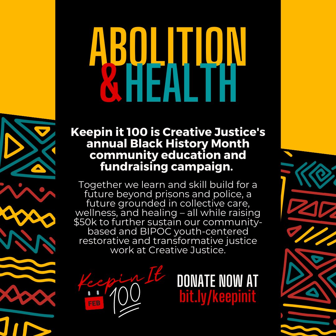 causehaun's tweet image. This month I'm learning about #abolition and #health through #KeepinIt💯 – and my goal is to raise $1,000 for #CreativeJustice during #BlackHistoryMonth!

Join me by donating at givebutter.com/keepinit100
#supportBIPOCyouth