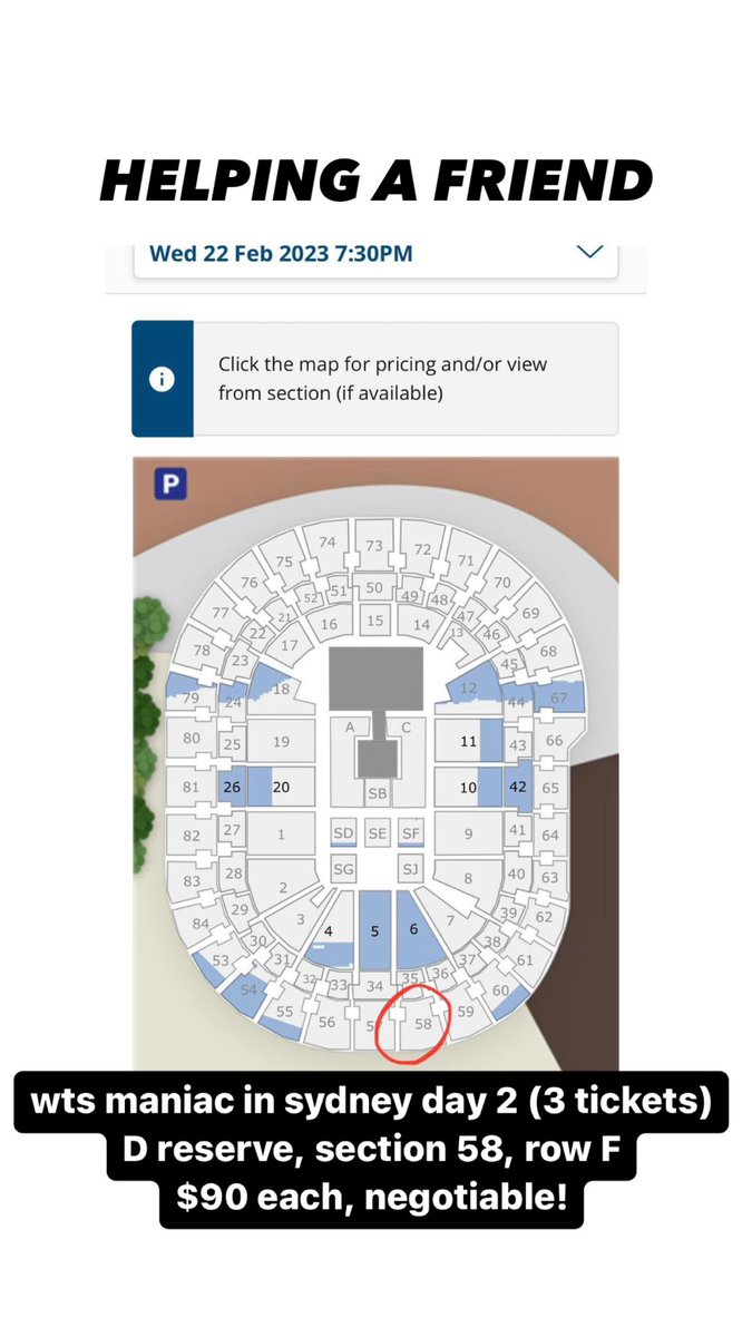 sellbyamours's tweet photo. wts / want to sell stray kids maniac in sydney australia 22 february 2023 DAY 2 

D reserve seating 
section 58
row F 
3 tickets, $90 each

can list on ticketek marketplace too https://t.co/5dN8fh25Db
