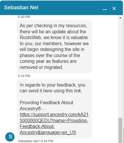 dmshearon's tweet photo. I just contacted @Ancestry Support and received what looks like promising news regarding the #Rootsweb mailing lists -- that they value the content and will be doing a redesign. We can send feedback to https://t.co/ZhoBRUR6Gr. Let's tell 'em, #genealogy lovers! https://t.co/dPIzCohD7o