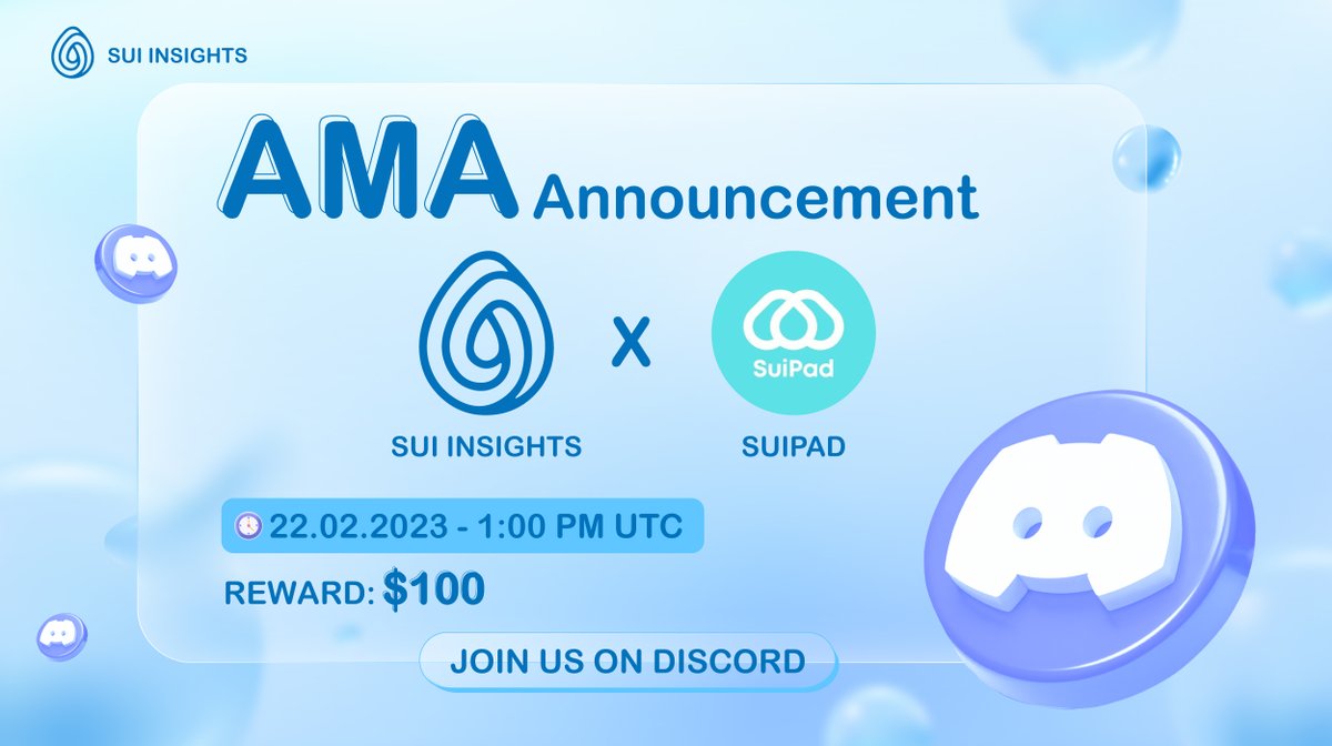 SuiInsights's tweet photo. 🌊Our first AMA with @SuiPadxyz will be held on:

⏰ Time: February 22nd, 2023 | 1PM UTC
🖥 Venue Discord Sui Insights: https://t.co/zCbIQp66Zw
🏆 Rewards: 100$ for 10 BEST QUESTIONS

Raise your questions HERE 👉🏻 <https://t.co/6KUFsWn9Tk> 👈🏻

💯Like &amp; Retweet to support us! https://t.co/bdQ1vBq9kX