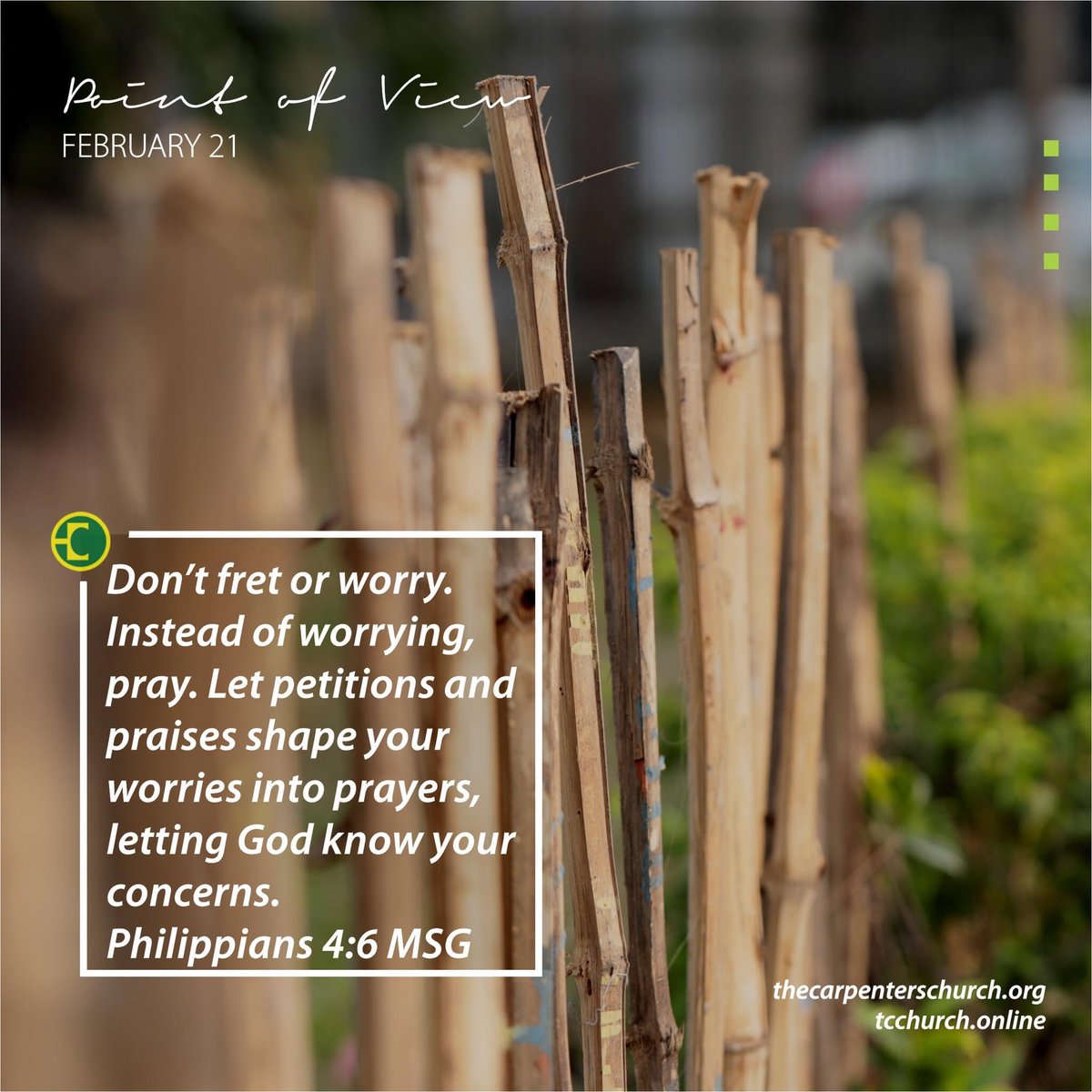 TCCPH's tweet photo. Don’t fret or worry. Instead of worrying, pray. Let petitions and praises shape your worries into prayers, letting God know your concerns. [Philippians 4:6] MSG

📷Credit: The Carpenter's Church Greenville, PH.
#POVWord #GreenvilleIsBeautiful #TCCPH #TCCAbuja #churchwithoutborder https://t.co/30IKLVycjI