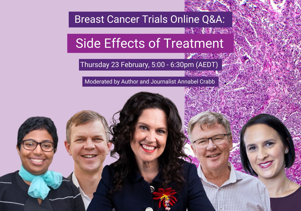 Breast Cancer Trials has a free online Q&A event, moderated by Author and Journalist Annabel Crabb, on the topic of ‘Side Effects of Treatment’ this Thursday 23 February. Find out more about the event and register via: breastcancertrials.org.au/news/qa-events…