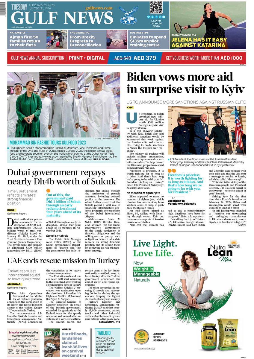 gulf_news's tweet image. #FrontPage today: #SheikhMohammed tours #Gulfood2023; #Biden vows more aid in surprise visit to #Kyiv; #Dubai government repays nearly Dh4b worth of Sukuk; #UAE ends rescue mission in #Turkey... For more latest news check: gulfnews.com