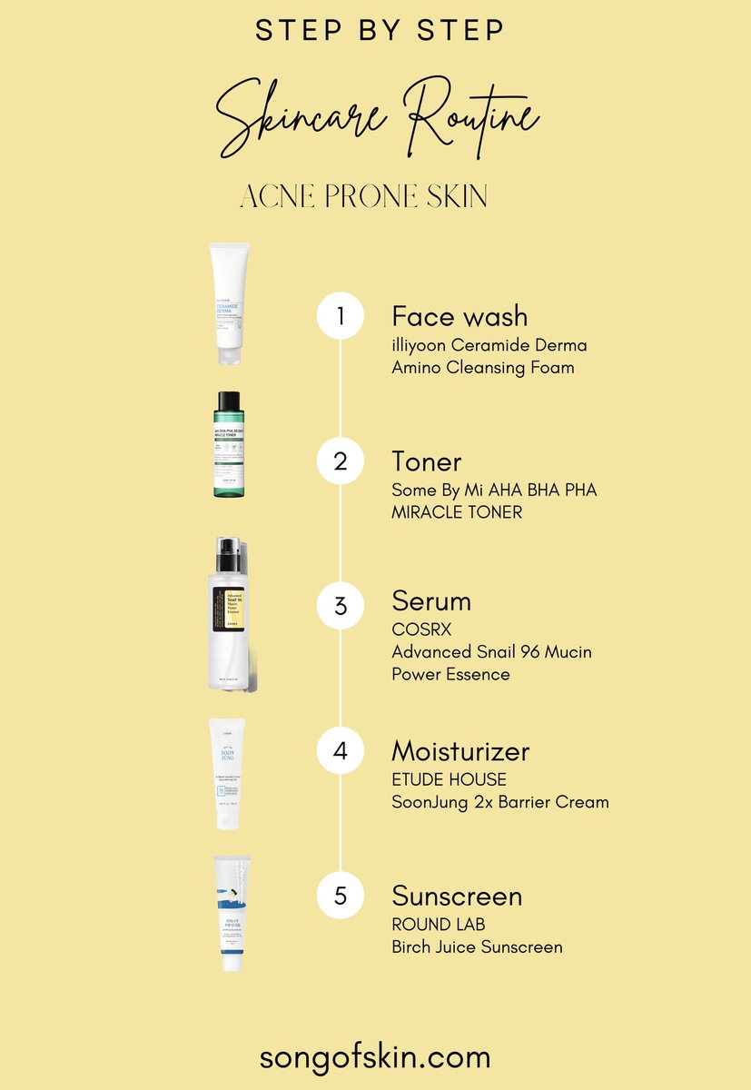 Skincare Routine for ACNE PRONE SKIN to get that #kbeauty glow! #glassskin #glowy #kbeautyroutine #acne Find it on songofskin.com