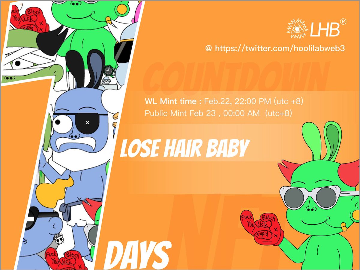 ❤️OMG ! 1 Day Countdown ‼️‼️‼️‼️
If you also young, chill and free ，you will answer the call!🎬

🌍WL Mint time : Feb.22, 22:00 PM (utc+8)
🪙Public Mint time：Feb 23 , 00:00 AM  (utc+8)
（YEAH ❗️We're ahead of schedule‼️‼️‼️）

💎👉LHB  Mint WEB：space.amadeus-nft.io/losehairbabywoo
