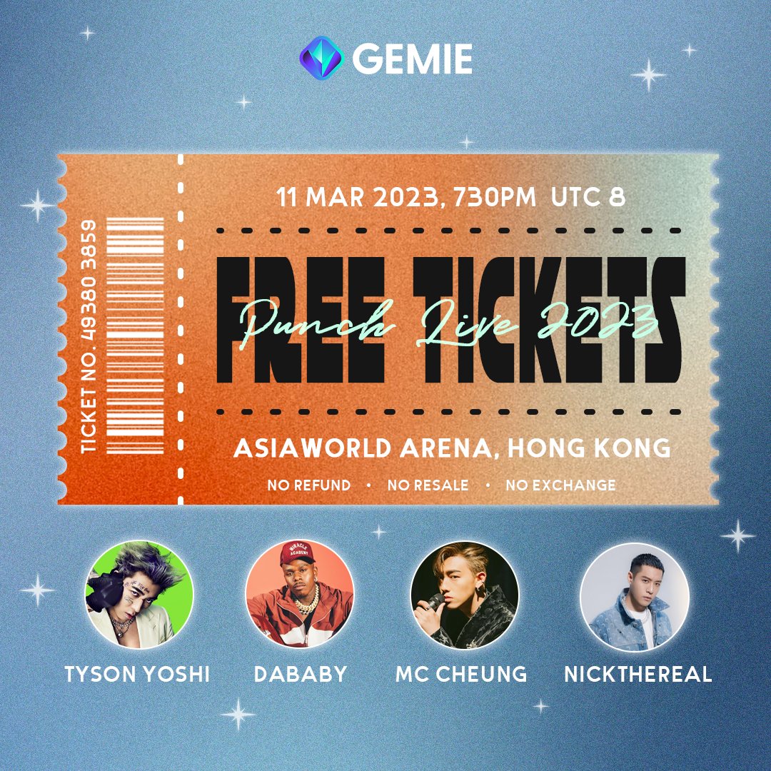 Gemie_Official's tweet photo. If you happened to be in #HongKong on 11 March, here's your chance to win Punch Live 2023 tickets. 👯🍹

Guests- @DaBabyDaBaby x @tysonyoshi1 x @NICKTHEREAL4sho x MC Cheung

Punch Live 2023 ticket x4 (each worth HKD1680), to win-
🎫 Like, RT
🎫 Follow us
⏳48H https://t.co/xs5OKU0xgF
