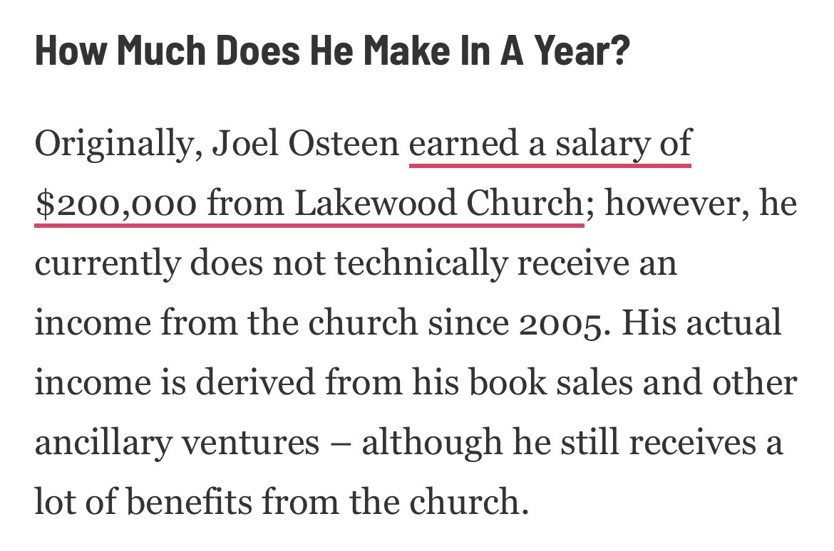 Joel Osteen was trending and although I’m not his biggest fan people are claiming he makes a salary of $55,000,000 per year from his church. That’s not true. He makes a large income from book sales, etc. So be it. Should he limit his book sales? But I’m out on #prosperitygospel