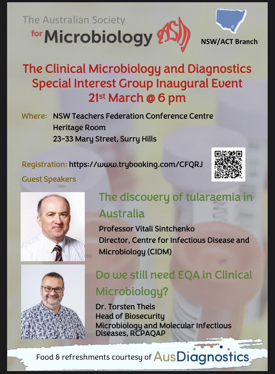 ASM_NSWACT's tweet photo. The Clinical Microbiology and Diagnostics SIG is hosting their inaugural event!

- 21st March, 6pm
- Heritage Room, Teachers Fed, Surry Hills
- 2x Guest Speakers
See flyer for more info!

Register: https://t.co/ixDBkkZWpl https://t.co/K02lADq5FN