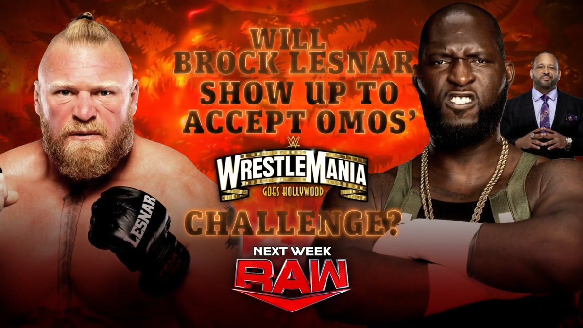 Will <a href="/BrockLesnar/">Brock Lesnar</a> show up to accept <a href="/TheGiantOmos/">Jordan omogbehin</a>' #WrestleMania challenge next week on #WWERaw?