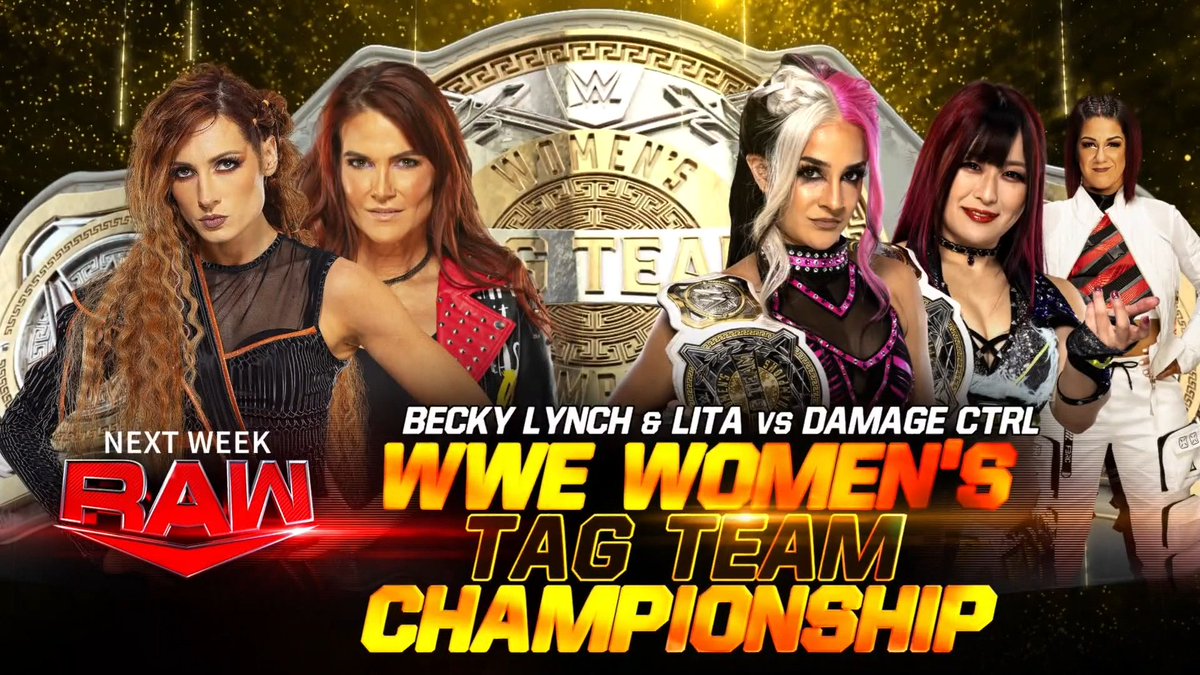 WWE's tweet photo. NEXT WEEK on #WWERaw 

🏆 @BeckyLynchWWE &amp; @AmyDumas challenge for the WWE #WomensTagTitles 
🤮 @WWEAsuka vs. @CarmellaWWE 
👉 #WrestleMania Edition of #MizTV
☠️ @CandiceLeRae vs. @PiperNivenWWE https://t.co/Qi62ZSeUeU