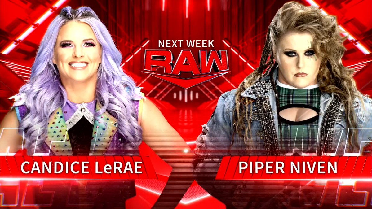 WWE's tweet photo. NEXT WEEK on #WWERaw 

🏆 @BeckyLynchWWE &amp; @AmyDumas challenge for the WWE #WomensTagTitles 
🤮 @WWEAsuka vs. @CarmellaWWE 
👉 #WrestleMania Edition of #MizTV
☠️ @CandiceLeRae vs. @PiperNivenWWE https://t.co/Qi62ZSeUeU