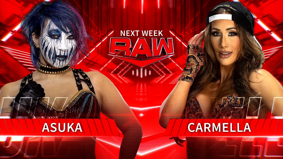WWE's tweet photo. NEXT WEEK on #WWERaw 

🏆 @BeckyLynchWWE &amp; @AmyDumas challenge for the WWE #WomensTagTitles 
🤮 @WWEAsuka vs. @CarmellaWWE 
👉 #WrestleMania Edition of #MizTV
☠️ @CandiceLeRae vs. @PiperNivenWWE https://t.co/Qi62ZSeUeU