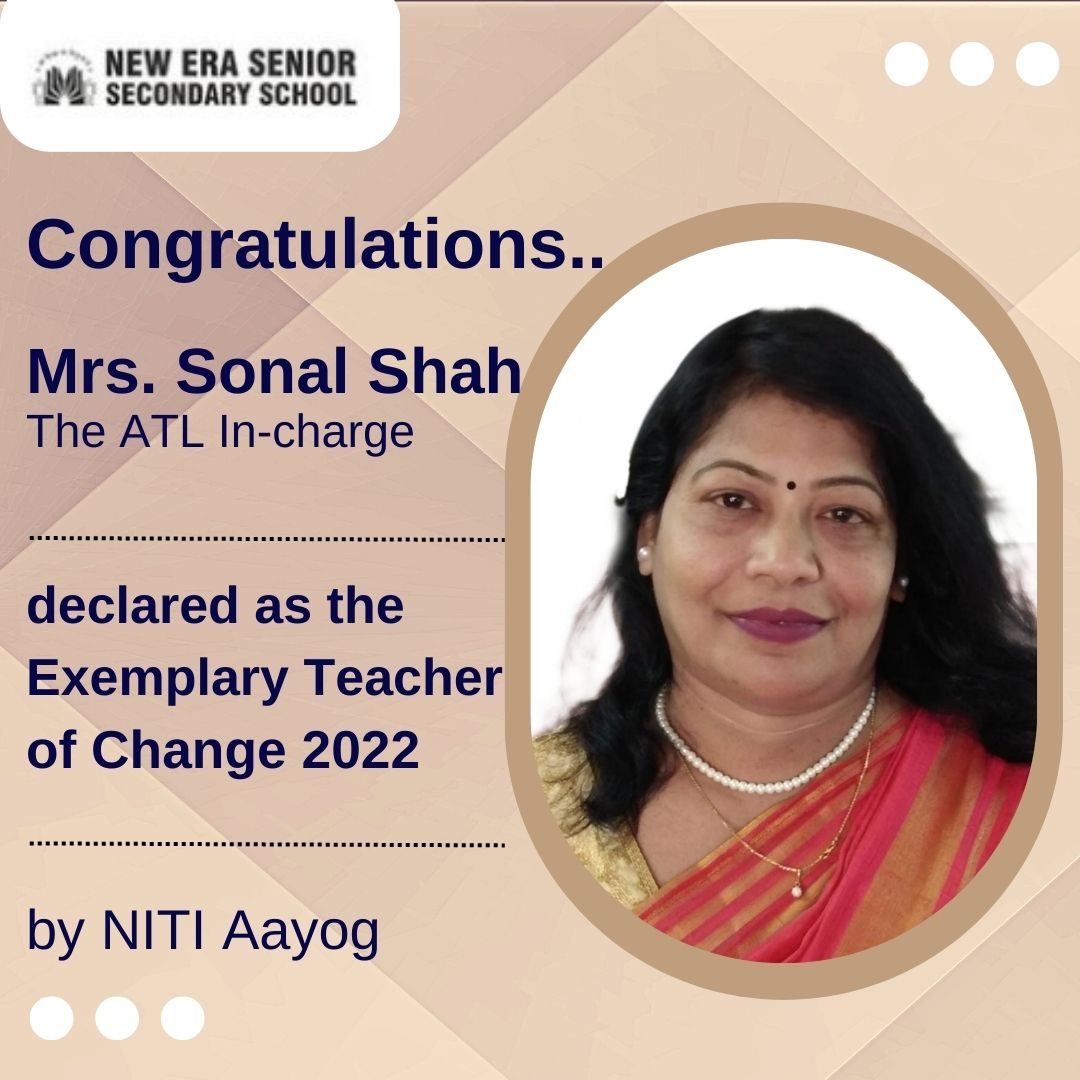newerabaroda's tweet photo. Proud Moment!!!
Mrs. Sonal Shah, the ATL In-charge of NESSS is declared as the Exemplary Teacher of Change 2022 by NITI Aayog.
New Era Senior Secondary School congratulates Mrs. Sonal for keeping the school's flag high...
#nesss #VadodaraNewsOnline #vadodaranews #NITIAayog2023 https://t.co/JuQwpMttLi