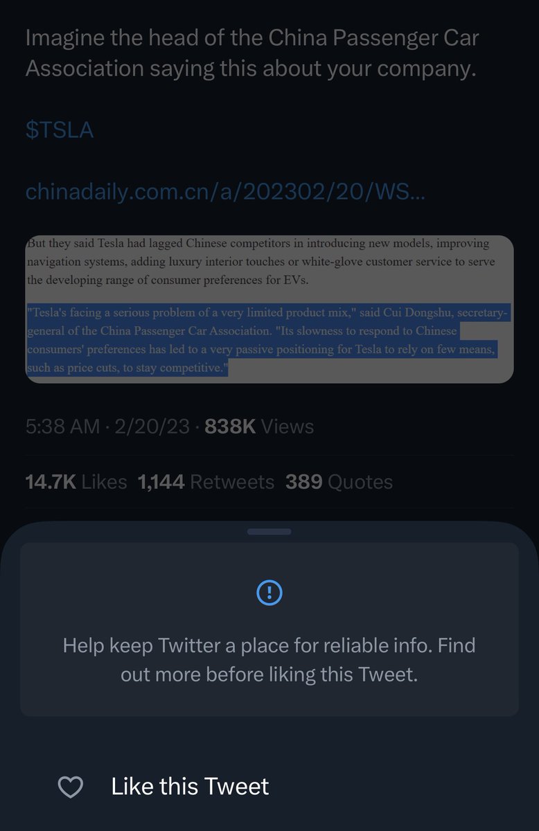 obv elon never bought this website for free speech purposes (he was forced) but this level of petty tyrant behavior where’s he’s trying to stop rts and likes on tweets about tesla from spreading on twitter is a new low i didn’t imagine was possible. 

chinadaily.com.cn/a/202302/20/WS…