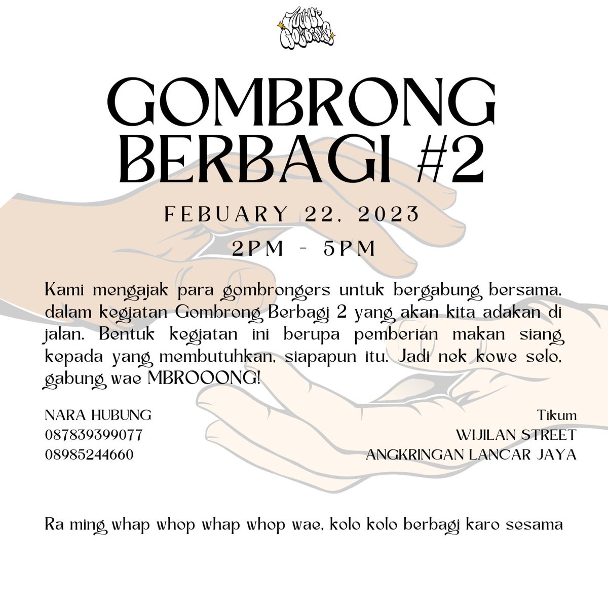 Mengajak teman teman yang selo untuk berpartipasi. Ga perlu bawa apa2, cukup bergabung dengan kami dalam mendistribusikan kepada yang membutuhkan. LETS GO!