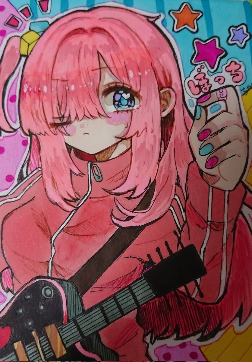gotou hitori 1girl cube hair ornament guitar pink hair electric guitar solo pink jacket  illustration images