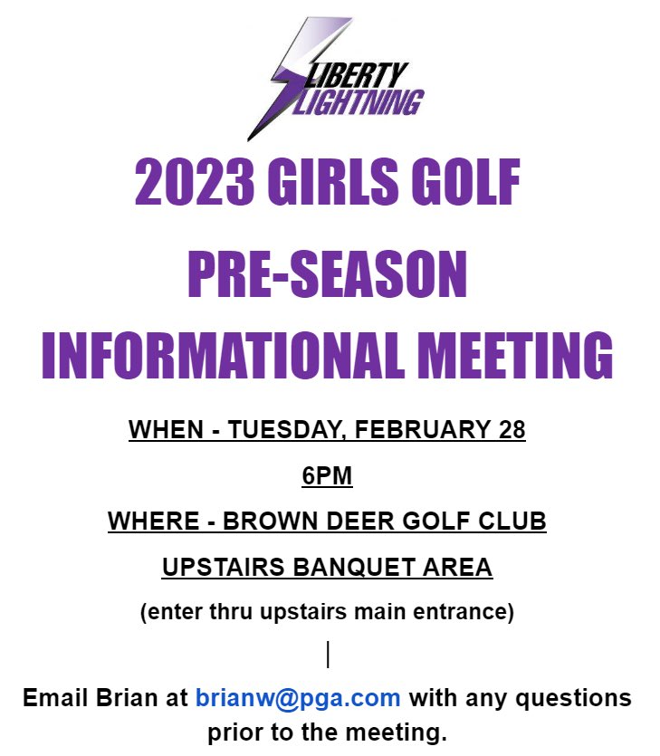boltgirlsgolf's tweet photo. Golf season is coming soon!!!  Pre-season informational meeting for athletes and parents on Tuesday February 28 at 6pm at Brown Deer Clubhouse in banquet area upstairs. Email brianw@pga.com w questions prior to Tuesday. https://t.co/DY1JhxTUrt