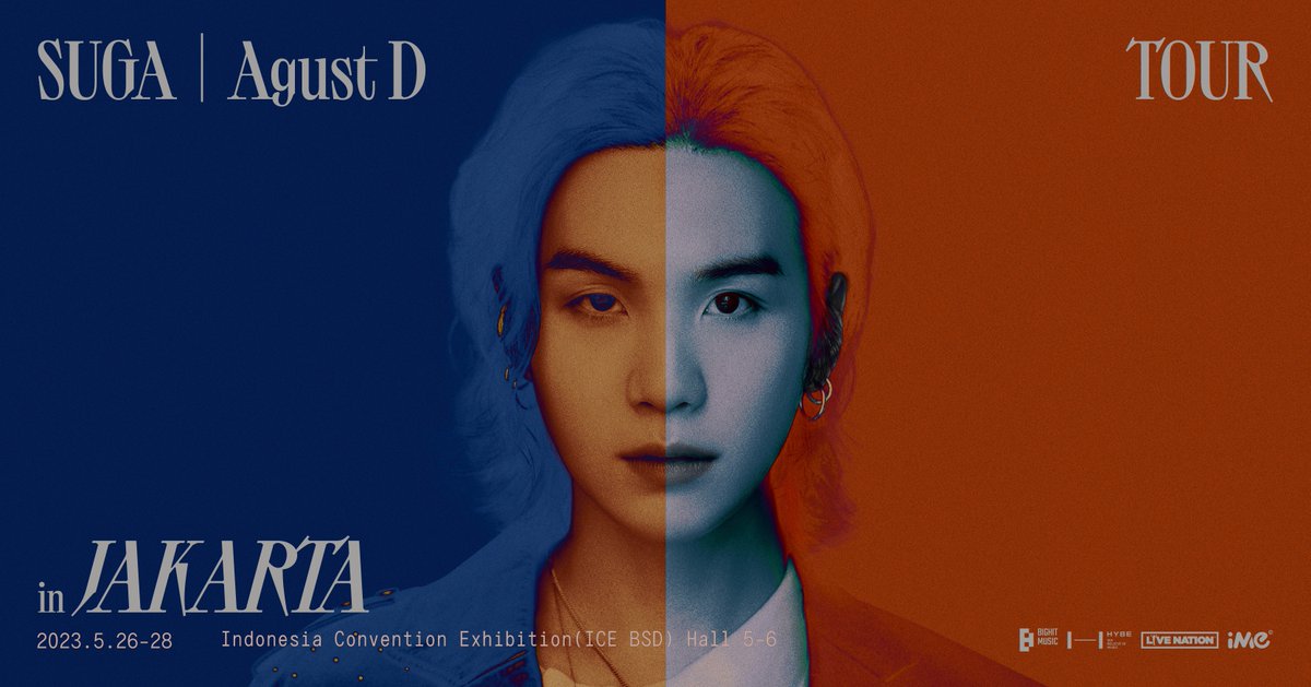 ARMY Indonesia, be ready for SUGA | Agust D TOUR IN JAKARTA on 26-28 May 2023 at Indonesia Convention Exhibition (ICE BSD) Hall 5-6.

Stay tune for more info!

#SUGA #AgustD #SUGA_AgustD_TOUR #SUGA_AgustD_Jakarta #iMeIndonesia