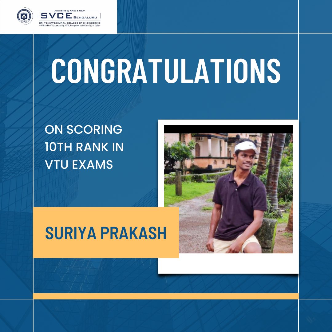 SvceBengaluru's tweet photo. A big congratulations to our mechatronics engineering student Mr. Suriya Prakash for attaining 10th rant in VTU exam #svce #svcebengaluru #svcebangalore #bestengineeringinstitute #bengaluruengineeringcollege #bengalurucollege #vturankholder #vturank2023 https://t.co/QvVWnuK2CG