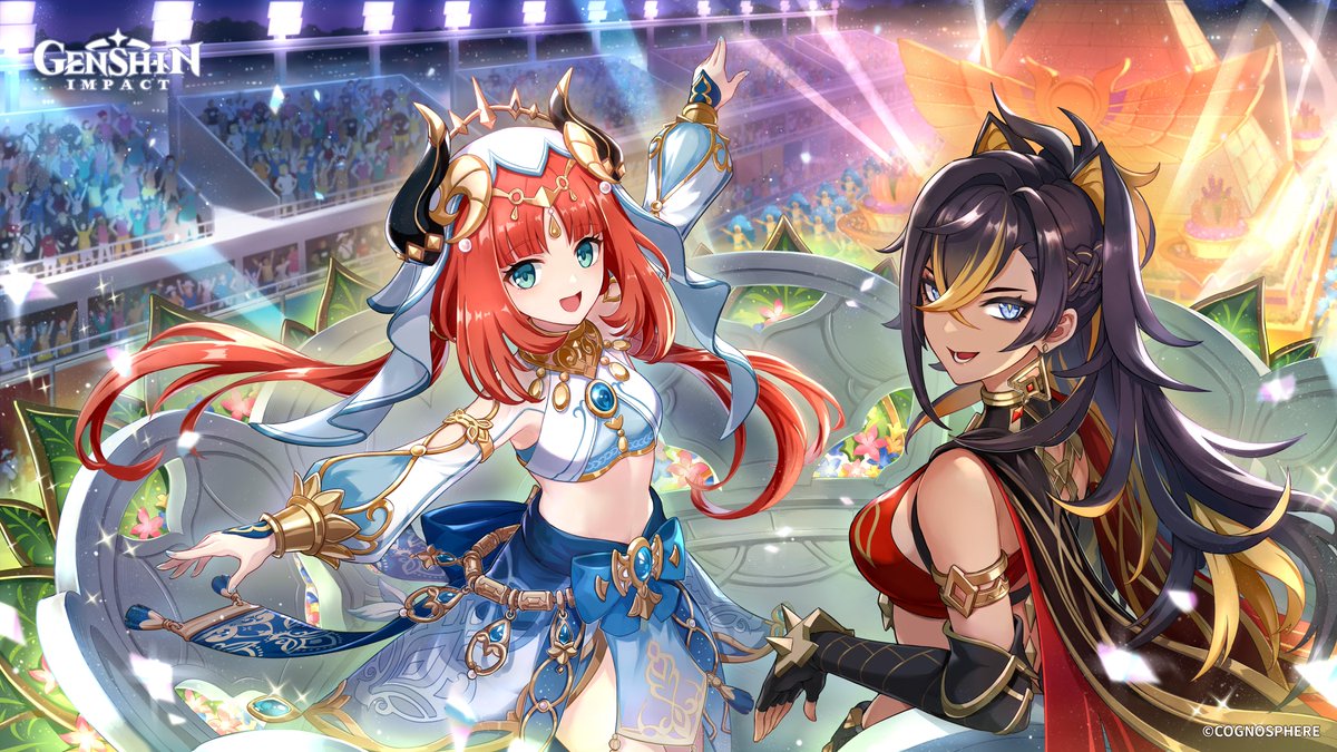 Zeniiet's tweet photo. Official Art of Nilou and Deyha at the Carnaval performance 
#Genshinimpact https://t.co/6GBVffU2xR