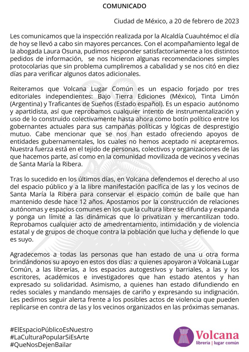 COMUNICADO

Gracias a todxs por la paciencia y apoyo entre ayer y hoy. La inspección que se realizó el día de hoy se llevó a cabo sin mayor percance. Reiteramos que somos una librería independiente y defendemos el derecho al uso espacio público.