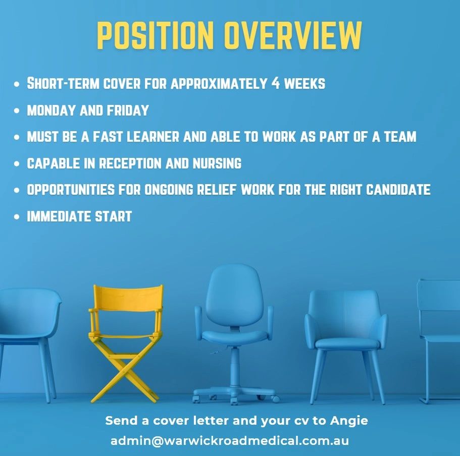 medicoWRM's tweet photo. We are looking for a compassionate and skilled RN to step in and cover Stef's OS holiday in March.

We will consider ongoing casual shifts and relief work for the right candidate.

Please direct a cover letter and your CV to Angie via email: admin@warwickroadmedical.com.au https://t.co/dvug8W3s1e