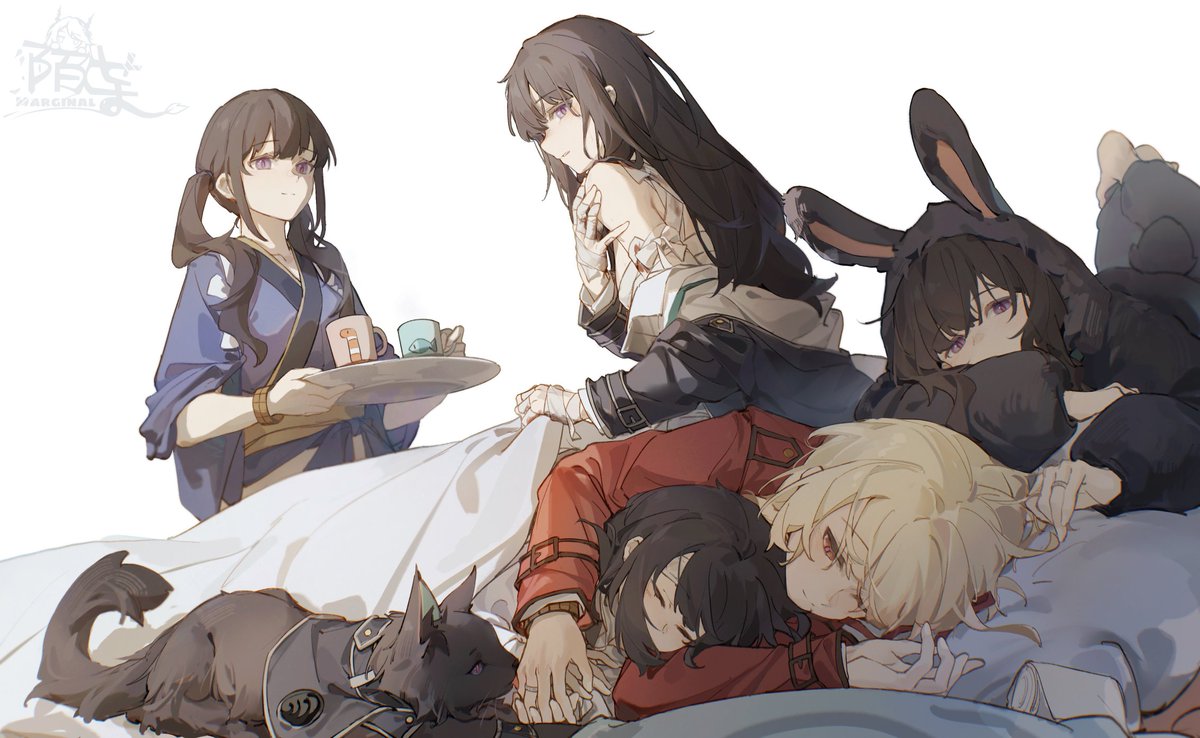 inoue takina multiple girls black hair purple eyes long hair blonde hair bangs sleeping  illustration images