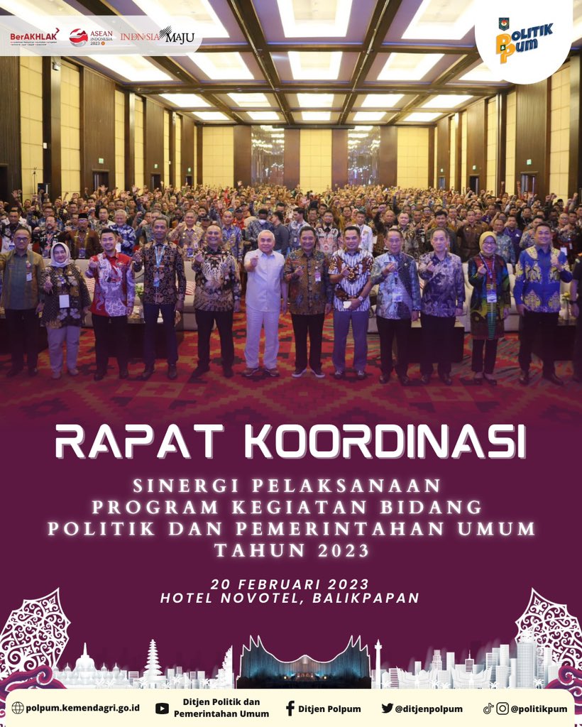 ditjenpolpum's tweet photo. Hi sobat politik, telah berlangsung nya Rapat Koordinasi dengan tema “Sinergi Pelaksanaan Program Kegiatan Bidang Politik dan Pemerintahan Umum Tahun 2023”, di Balikpapan.

#akrabpolitik
#pemilu2024 https://t.co/ReJsaV6djr