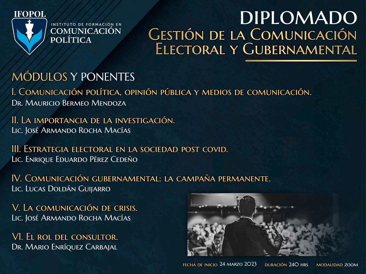 Estos serán los módulos que se impartirán en el Diplomado "Gestión de la Comunicación Electoral y Gubernamental". Todos los ponentes cuentan con amplia experiencia  en #compol👌

🗓️ Inicio: 24 de marzo 
✍️ Registro: forms.gle/VspiVDDVqtWX1b… 
🔗Visita: acatlan.unam.mx/index.php?id=1…