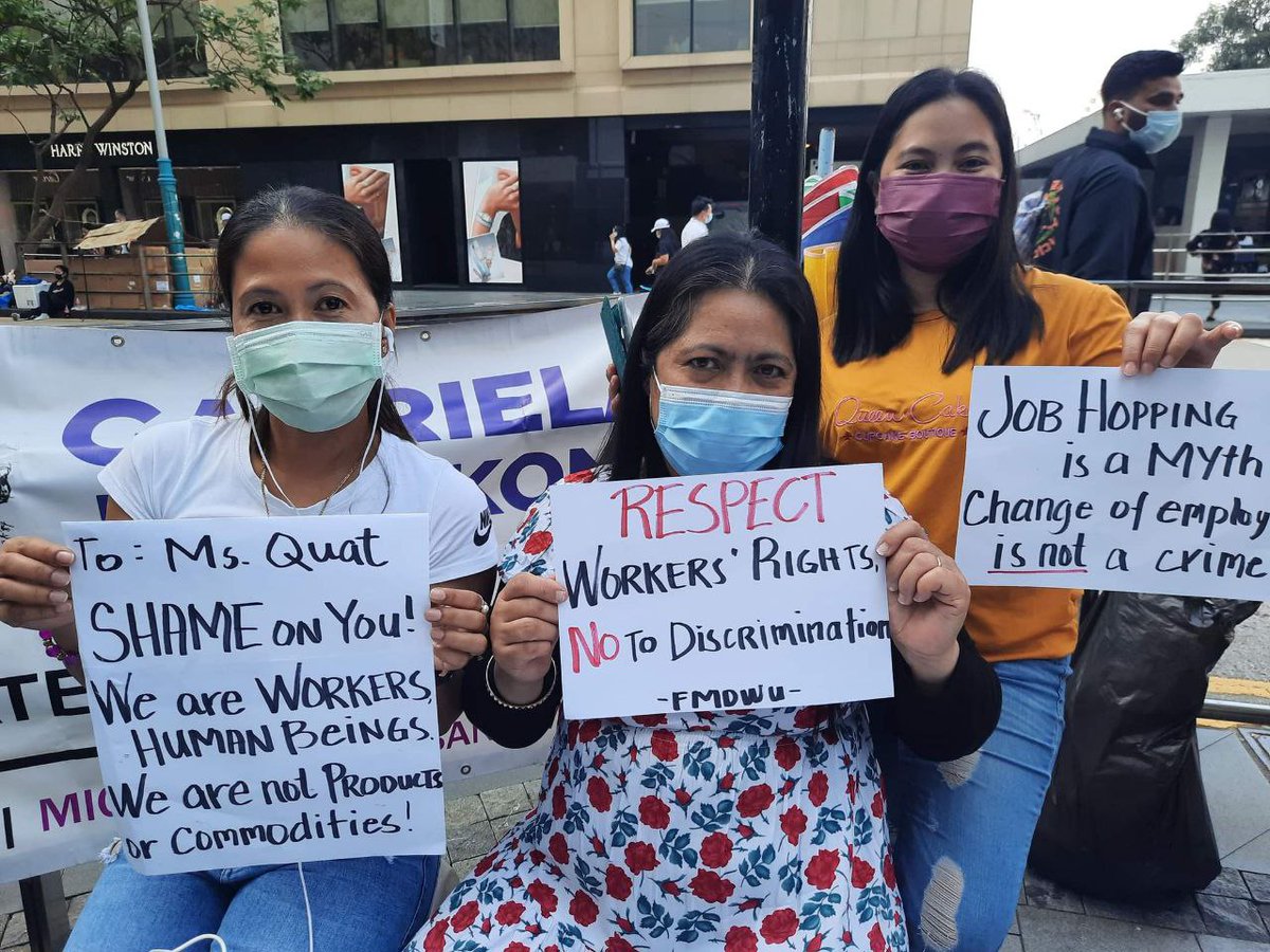 hkfp's tweet photo. 1/ Domestic workers gathering in Central on Sunday held up protest signs after lawmaker Elizabeth Quat said some domestic workers "did not match their product descriptions."

Photos: Asian Migrants Coordinating Body - AMCB, via Facebook. https://t.co/ZRehiYXMs9