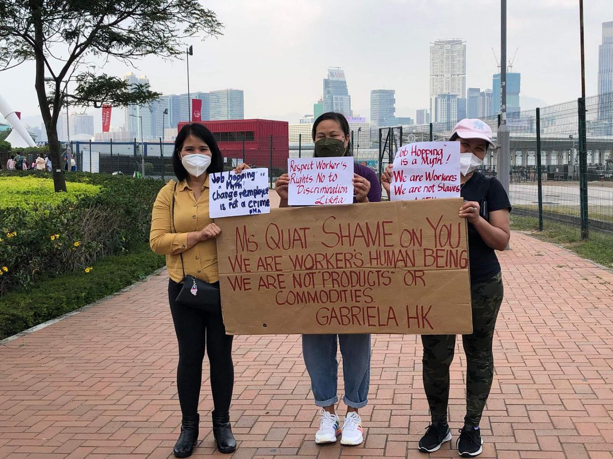 hkfp's tweet photo. 1/ Domestic workers gathering in Central on Sunday held up protest signs after lawmaker Elizabeth Quat said some domestic workers "did not match their product descriptions."

Photos: Asian Migrants Coordinating Body - AMCB, via Facebook. https://t.co/ZRehiYXMs9