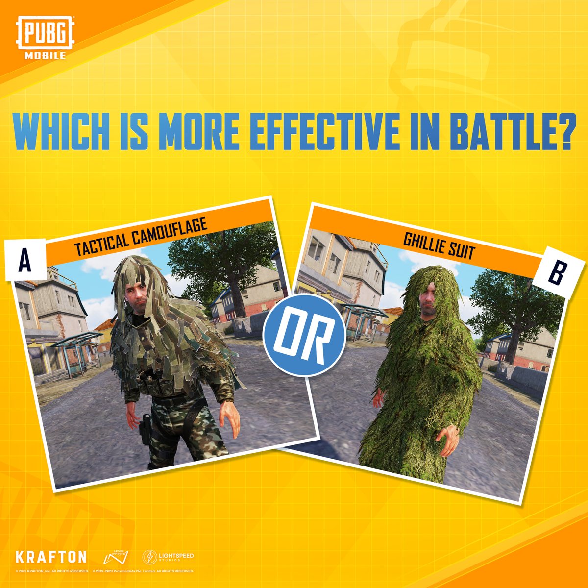 EsportsPUBGM's tweet photo. Ghillie suit or Tactical camouflage? Vote in the comments!🙌
#PUBGMOBILE #PUBGMESPORTS #PUBGMOBILEC4S10 #PUBGMSKILL
#GEARFRONT https://t.co/Mgtmtx5Eai