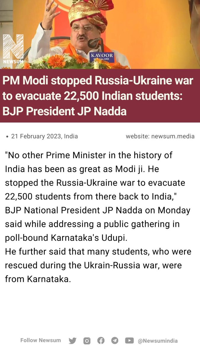 planH_In's tweet photo. PM Modi stopped Russia-Ukraine war to evacuate 22,500 Indian students: BJP President JP Nadda https://t.co/VNE8yzpQ9H
