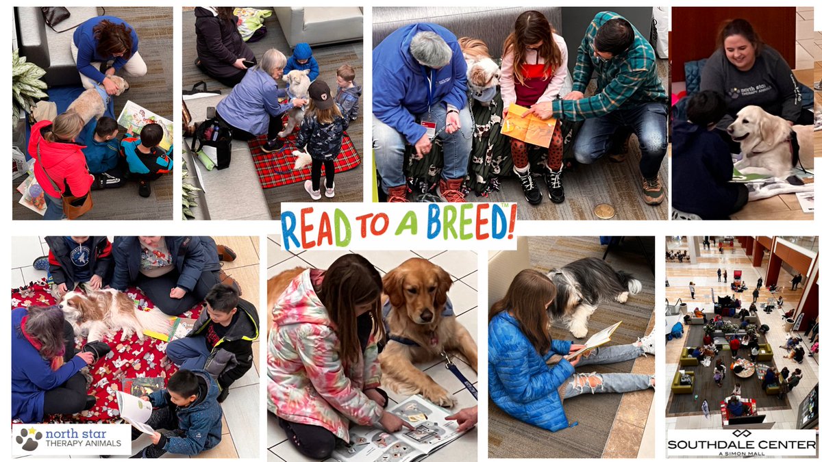 nstamn's tweet photo. North Star Therapy Animals teams read with more than 200 little readers today at Southdale Center

This Read to a Breed event featured more than a dozen Pet Partners therapy dog teams and lots of books and smiles! https://t.co/aFHSj6e0ek