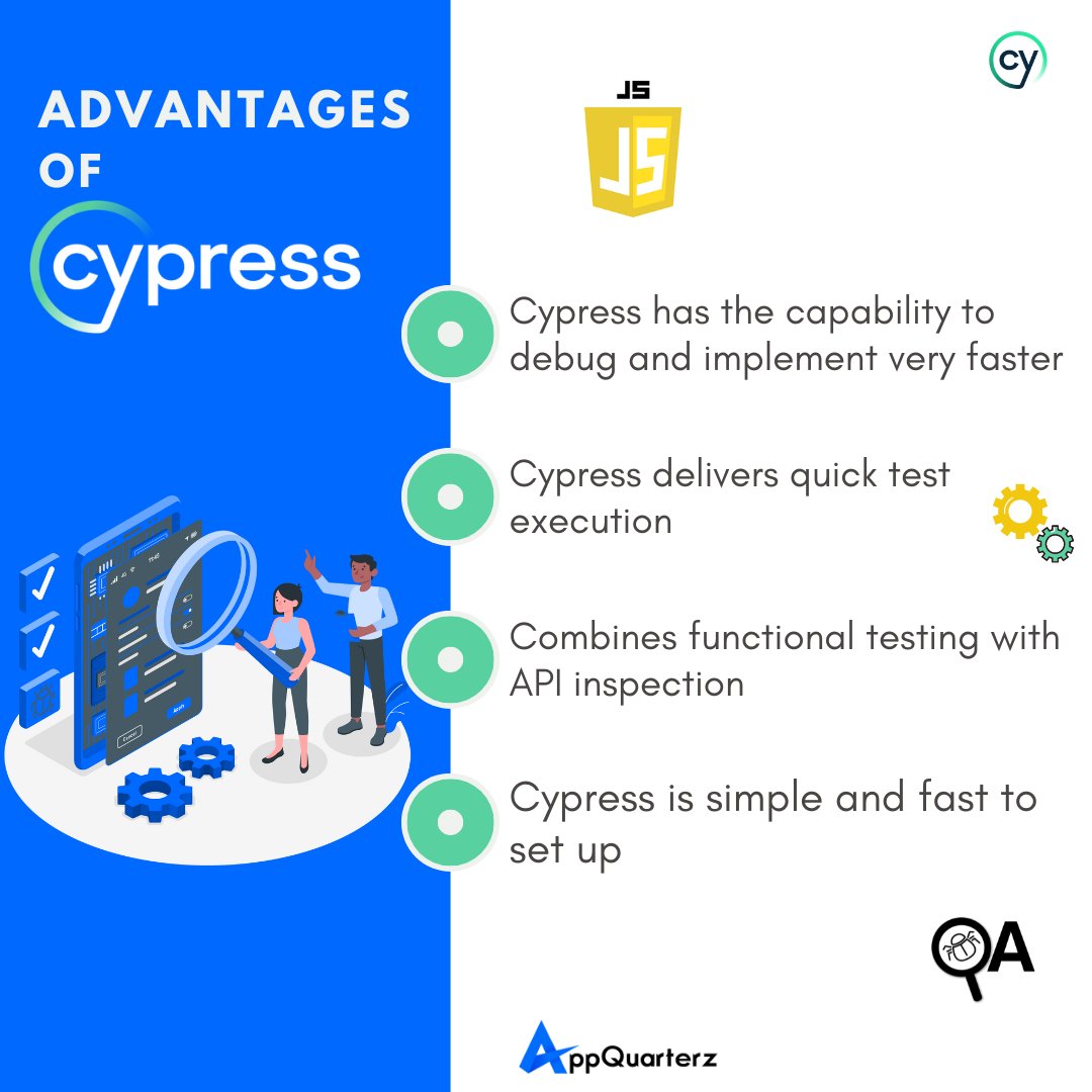 AppQuarterz's tweet photo. Advantages of Cypress tool.
#cypress #automationtools #automation #automationtesting #javascript #java #testingtools #qa #qaengineers #qatesters #automationtesters #automationengineering #jobs #qajobs #manulatesting #qacompany #qaqc #selenium #QAanalysts #projectmanagement #jira https://t.co/09ipiCjRKd