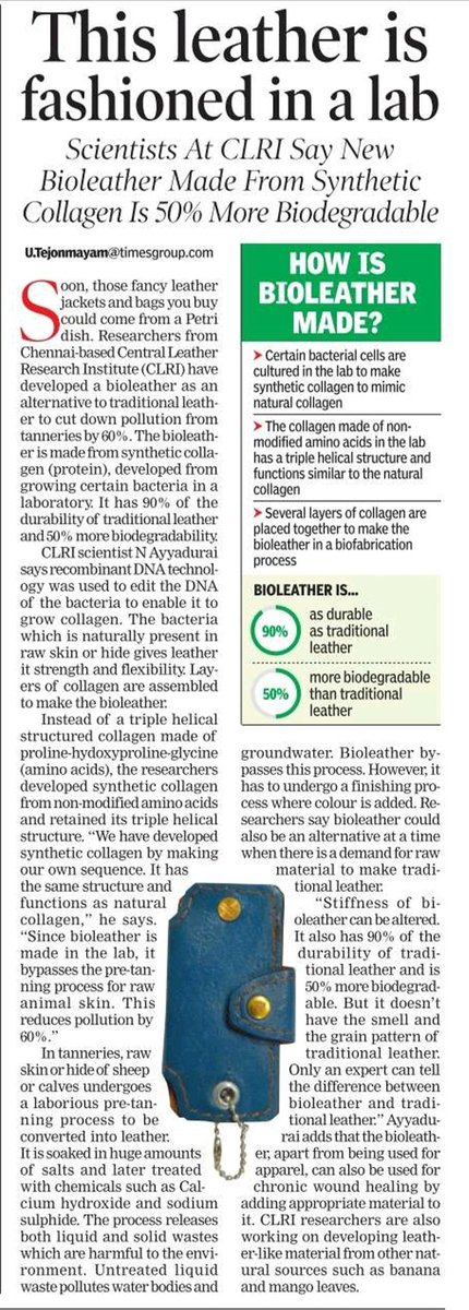 utejonmayamTOI's tweet image. Scientists from @clriindia develop bioleather that can cut down pollution from leather tanneries by 60%. The biooeather is durable and biodegradable like the traditional leather @CSIR_IND @CMOTamilnadu @CPCB_OFFICIAL @chennaicorp @CHN_Metro_Water @IndiaDST #pollution #polluters