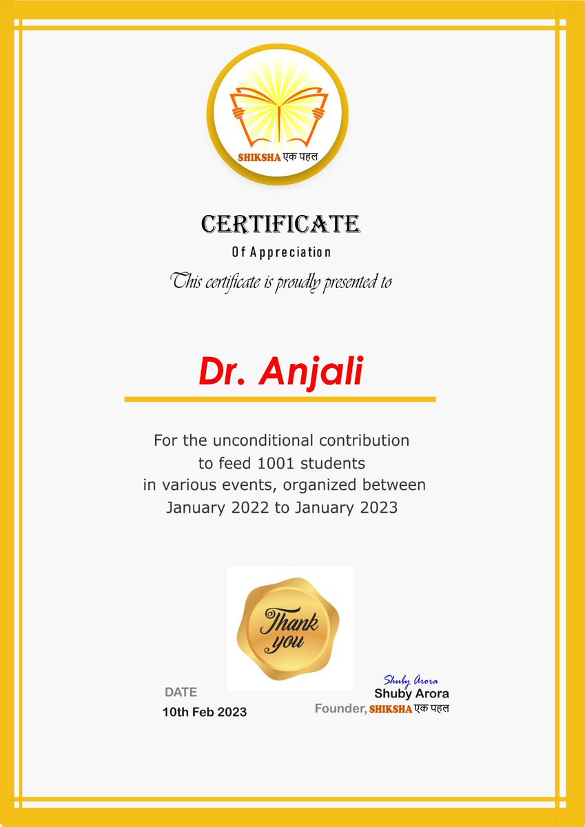 ShikshaEkPahal's tweet photo. We would like to Thank you Dr Anjali for the unconditional contribution to feed 1001 students and people in various events #shikshaएकपहल #education #FoodForThought #foodforcause 🙏
Shuby Arora 
Founder Shiksha एकपहल https://t.co/GlcLLogmIO