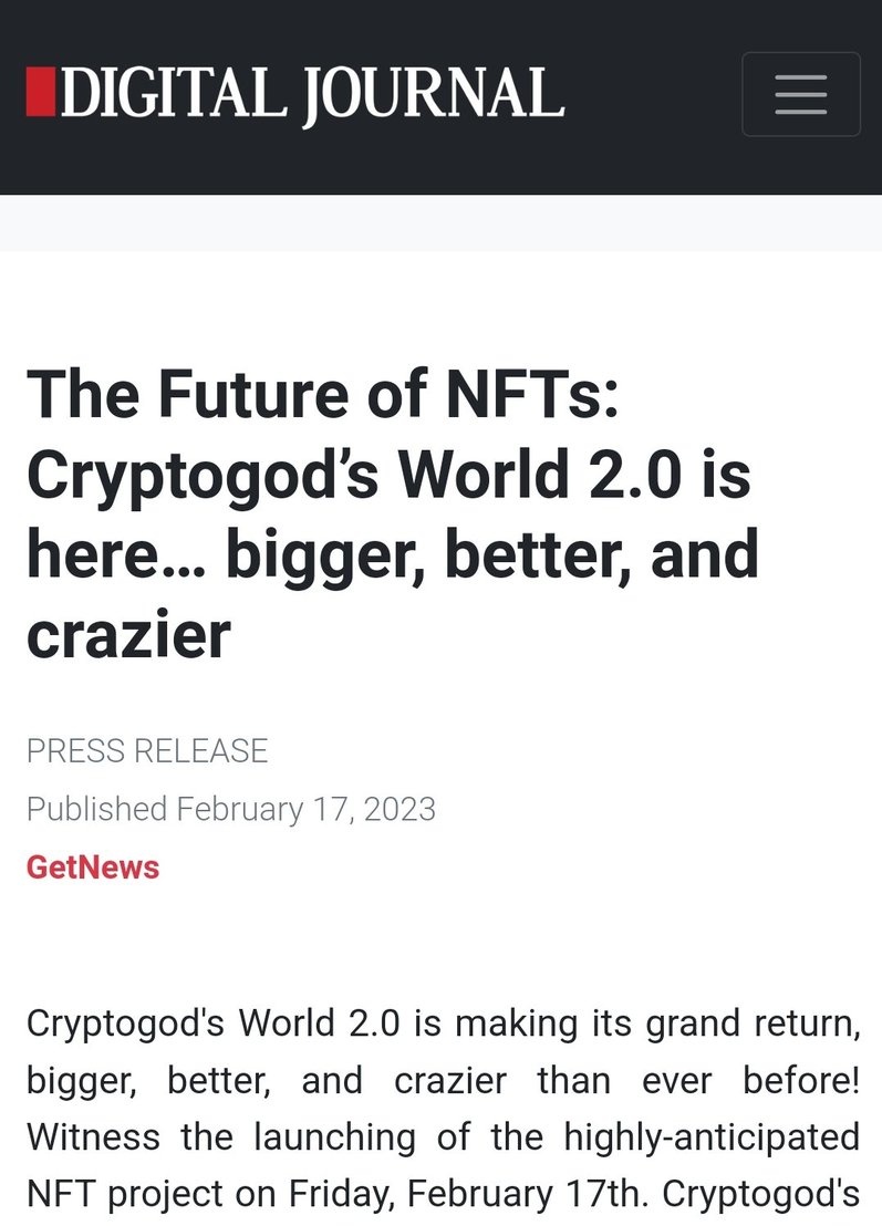 GM 🌏

<a href="/CryptogodsWorld/">Cryptogod's World 2.0 on ETHEREUM</a> 2.0 is on a roll 🚀

Here's a Press Release published on <a href="/digitaljournal/">Digital Journal</a>

Many more such press releases to come 😉

Drop-2 on Friday, 24-Feb 🔥

LFG 🚀
#CGWORLD