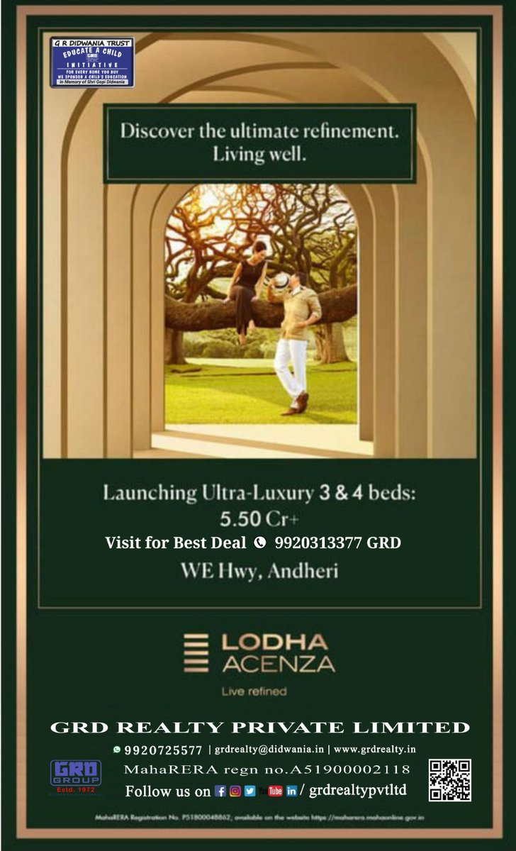 Lodha Acenza 
Discover the ultimate refinement of Living Well
Launching Ultra- Luxury 3 & 4 beds Rs.5.50 Cr+*
WEHwy, Andheri 
Visit forBestDeal:9920313377
.
.
#grdrealtyprivatelimited #grdrealtypvtltd #GRD #andheri #lodhaacenza #luxuryresidence #realestate