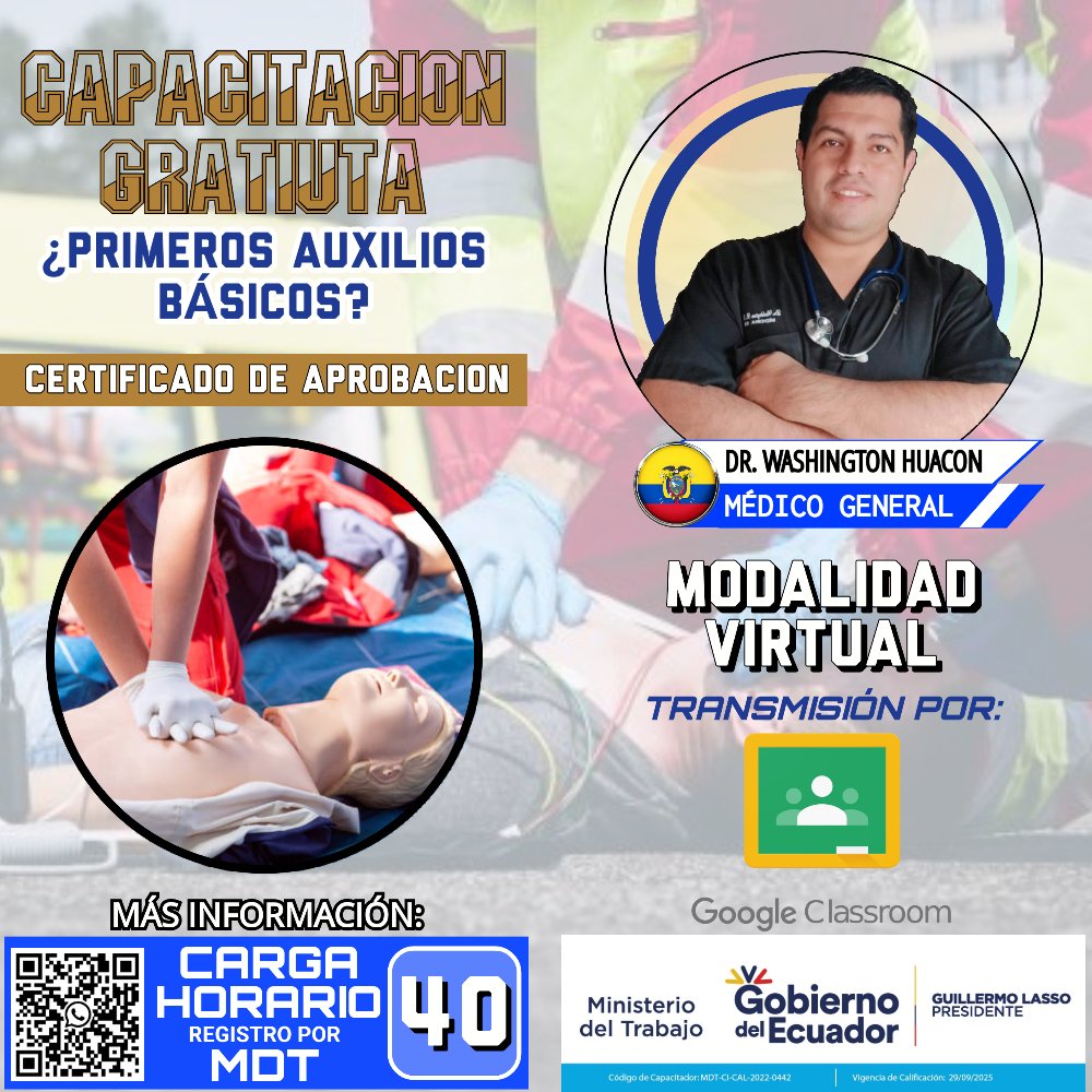 CAPACITACIÓN GRATUITA
¿Primeros Auxilios Básicos?

Inicia: 15 - 17 de Marzo del 2023
Hora: 8h00 AM
Aval: Certificado por el MDT
Modalidad: Online

𝐆𝐑𝐔𝐏𝐎𝐒: Link de Participación
Grupo de WhatsApp:
chat.whatsapp.com/KKxP1YnYCrkDCj…
Grupo de Telegram:
t.me/FDrHuacon