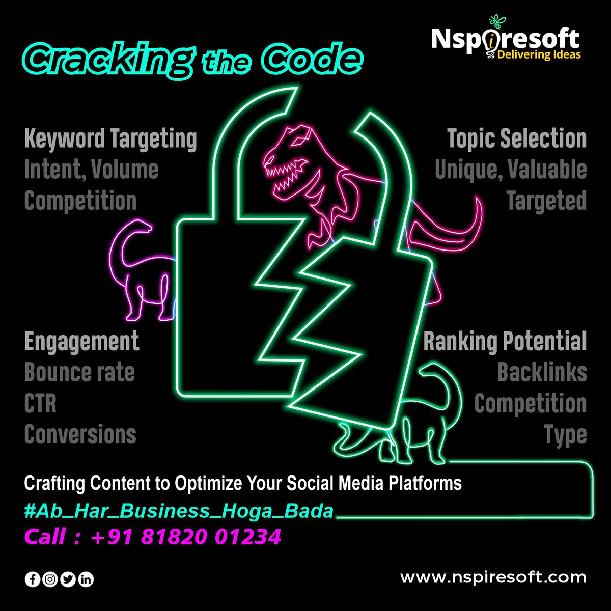 nspiresoft's tweet photo. At Nspiresoft, our goal is to help you achieve social media success. 
Let us unlock your potential with platform-specific content that gets noticed and drives engagement. 
#Ab_Har_Business_Hoga_Bada
#Nspired
#contentmarketing #advertising #trending #DigitalMarketing #socialmedia https://t.co/Zi2vq1dHg0