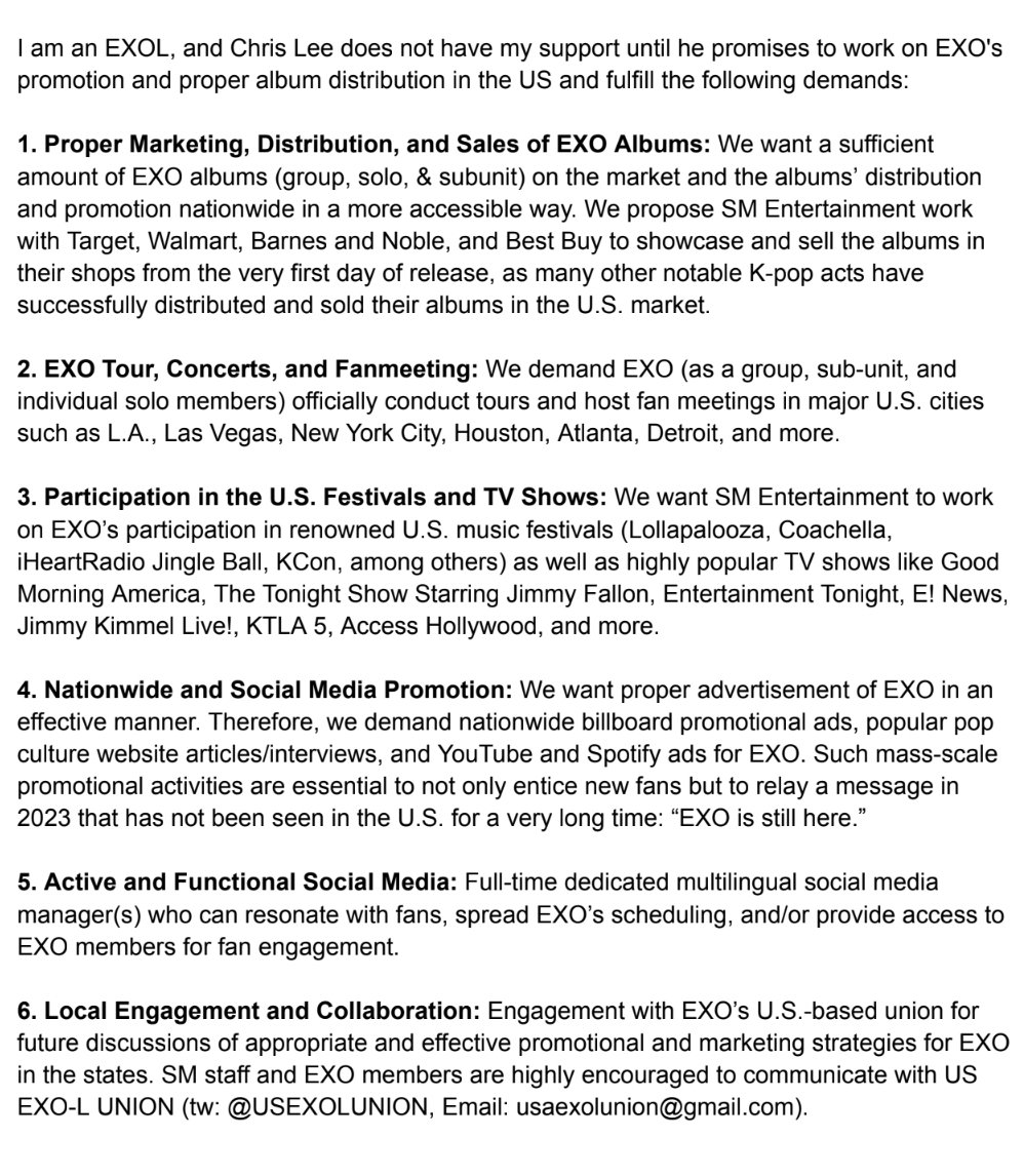 USEXOLUNION's tweet photo. @SMTOWNGLOBAL Add US-based EXOL's demands to your strategic goals๐๐
#EXO #USEXOLs https://t.co/jjqw6aCazG